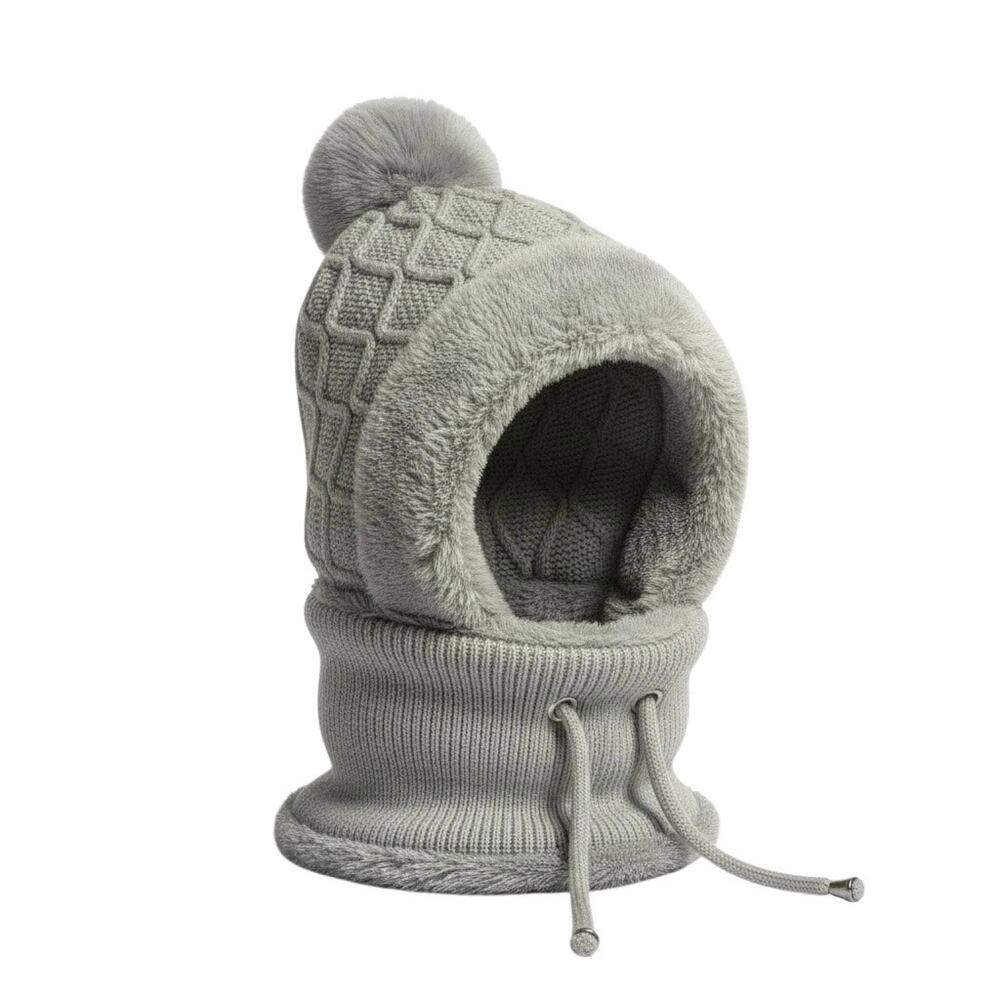 Gray Fleece Cable Knit Pom Pom Scarf Hat Warmer Beanie Face Cover Trapper OS